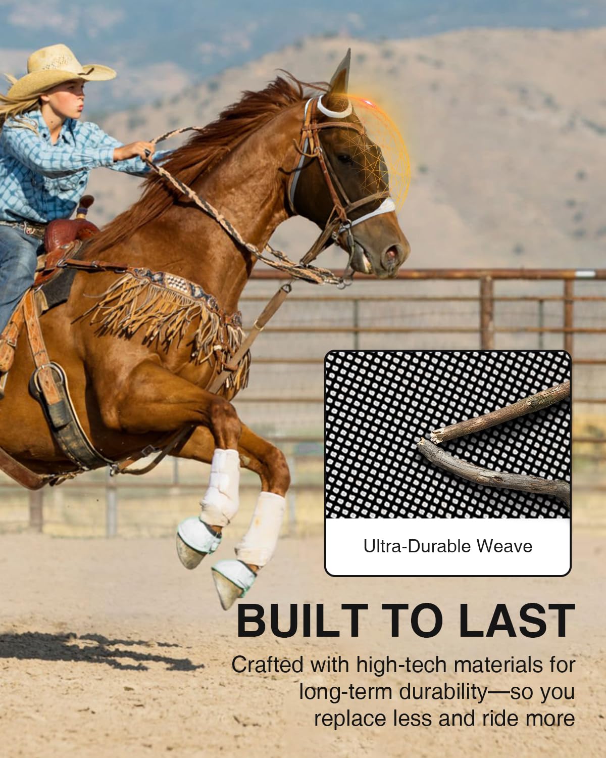Hilltown Máscara de mosca ajustable para caballo con orejas, bloqueo UV, gran espacio para los ojos, transpirable, construida para durar, ajuste cómodo, máscara de mosca de caballo para estabilidad
