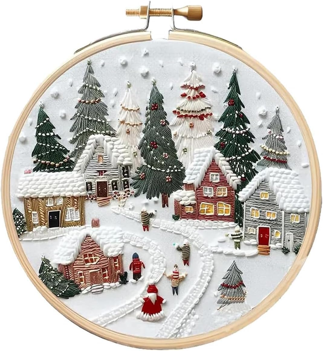 Ginger Tech Multi Christmas Embroidery Kit, Beginner Embroidery Kit, Diy Embroidery Kit, Christmas Cross Stitch Kits For Beginners Adults, Diy Needlepoint Kit Set Includes Hoop Cloth Needles Threads (A)