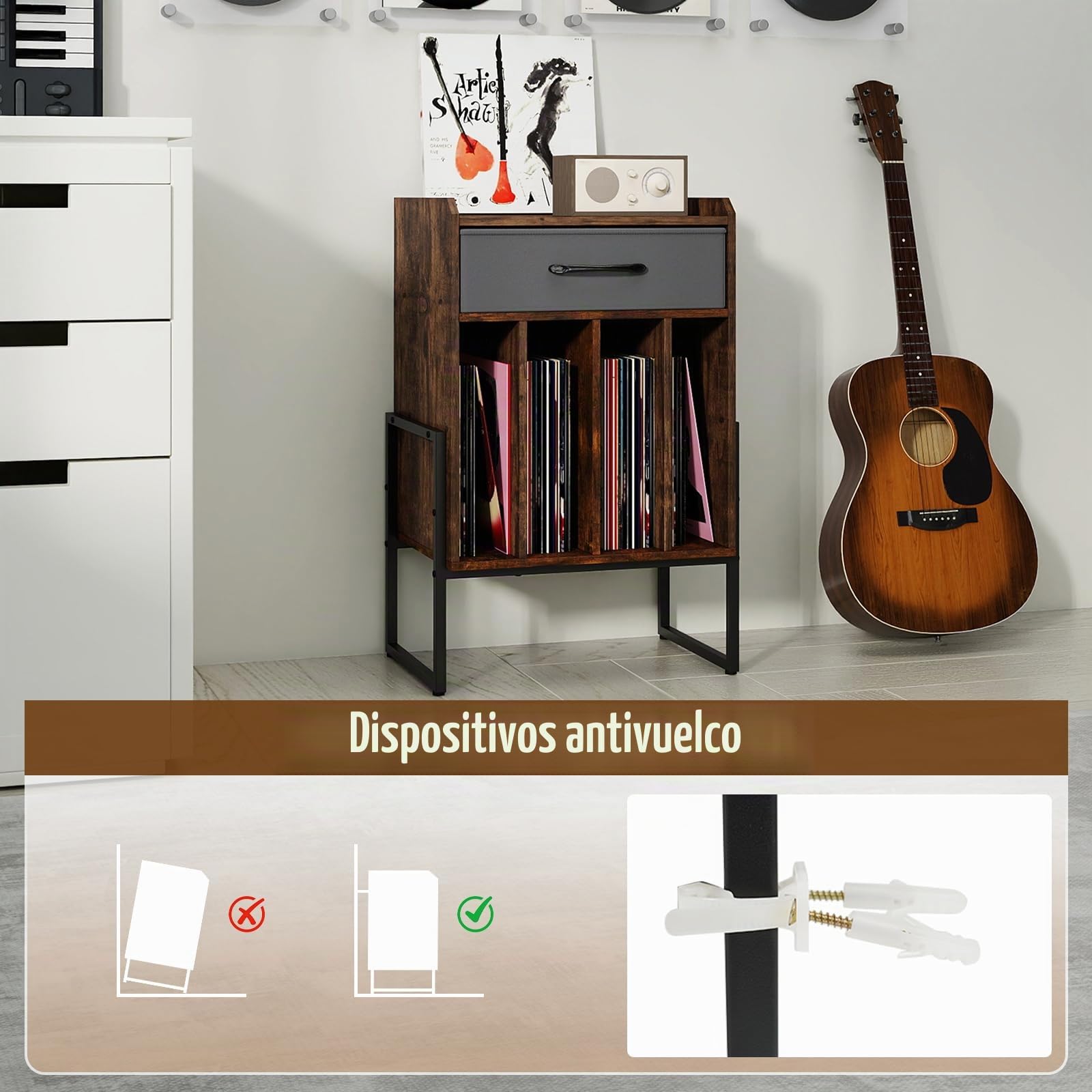 KOMFOTTEU Mueble para Tocadiscos con 4 Compartimentos y Cajón de Tela | Mesa para Tocadiscos con Patas Elevadas, Soporte de Discos de Vinilo para Sala de Estar, Dormitorio, 42 x 33 x 69 cm