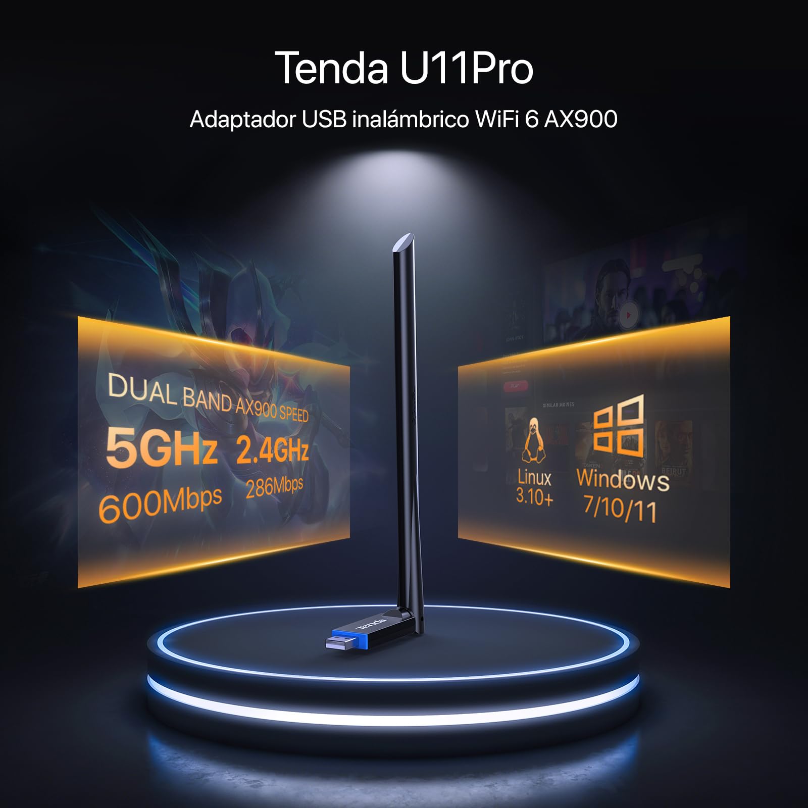 Tenda U11 Pro WLAN AX900, Dual Band 900 Mbps USB 2.0 WLAN Stick do PC, zewnętrzna antena 6 dBi, tryb AP, MU-MIMO, WPA2, kompatybilny z Windows 10/11 /Ubuntu/Debian/Kylin