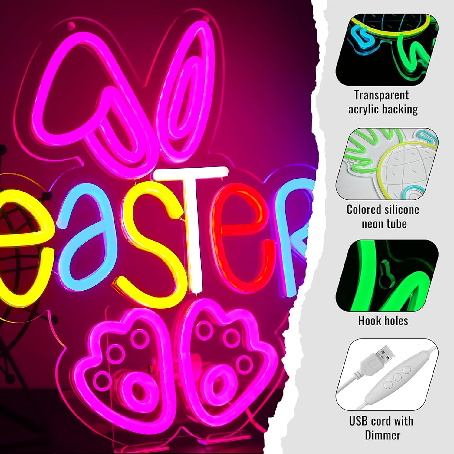 Easter Rabbit Neon Sign for Wall Decor,Dimmable USB Powered Neon Lights for Children's Room Decoration, Easter Gifts, Birthday Parties Gift 12.2 * 12.9Inch