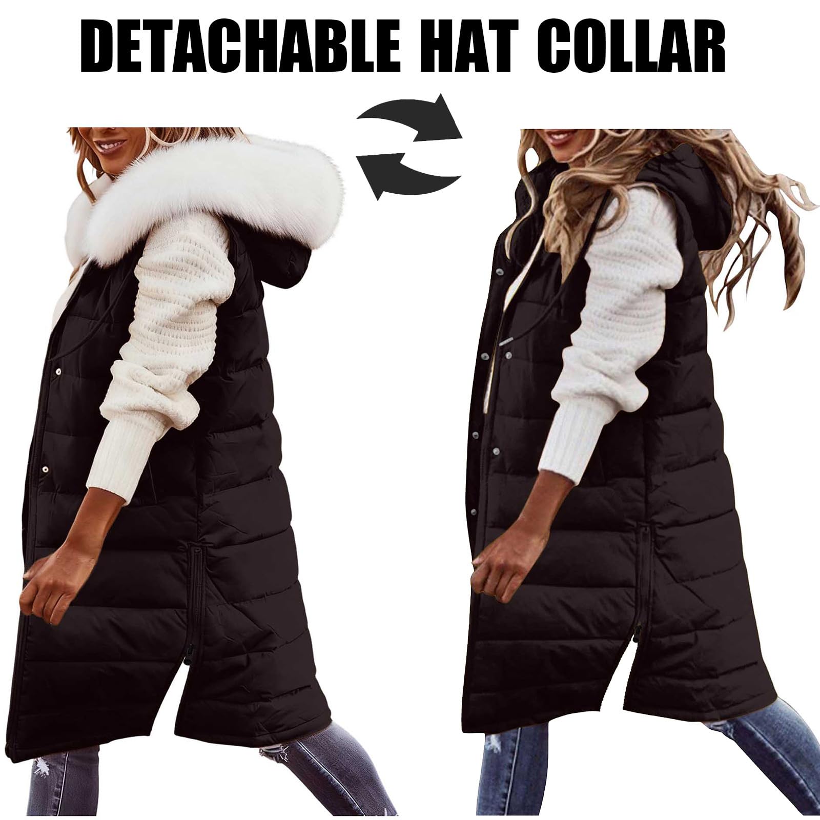 Chaleco acolchado para mujer, talla grande, para otoño e invierno, longitud media, abrigo acolchado con cremallera completa, cálido, sin mangas, chaqueta térmica con cremallera lateral, chaleco de