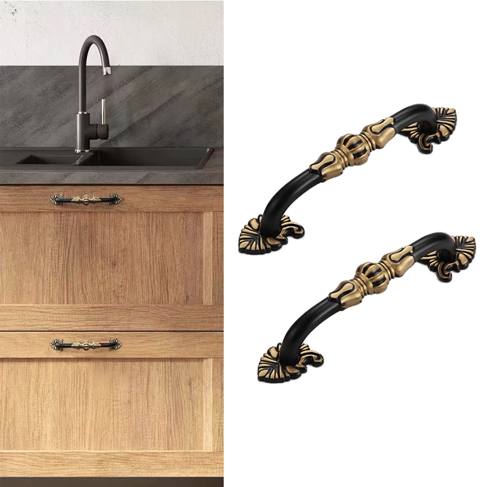 CcHhyyt 2 Pack 3-3/4” Brass Cabinet Pulls Antique Floral Pattern Cupboard Handle Drawer Pulls Solid Brass Kitchen Hardware Matte Black Handles for