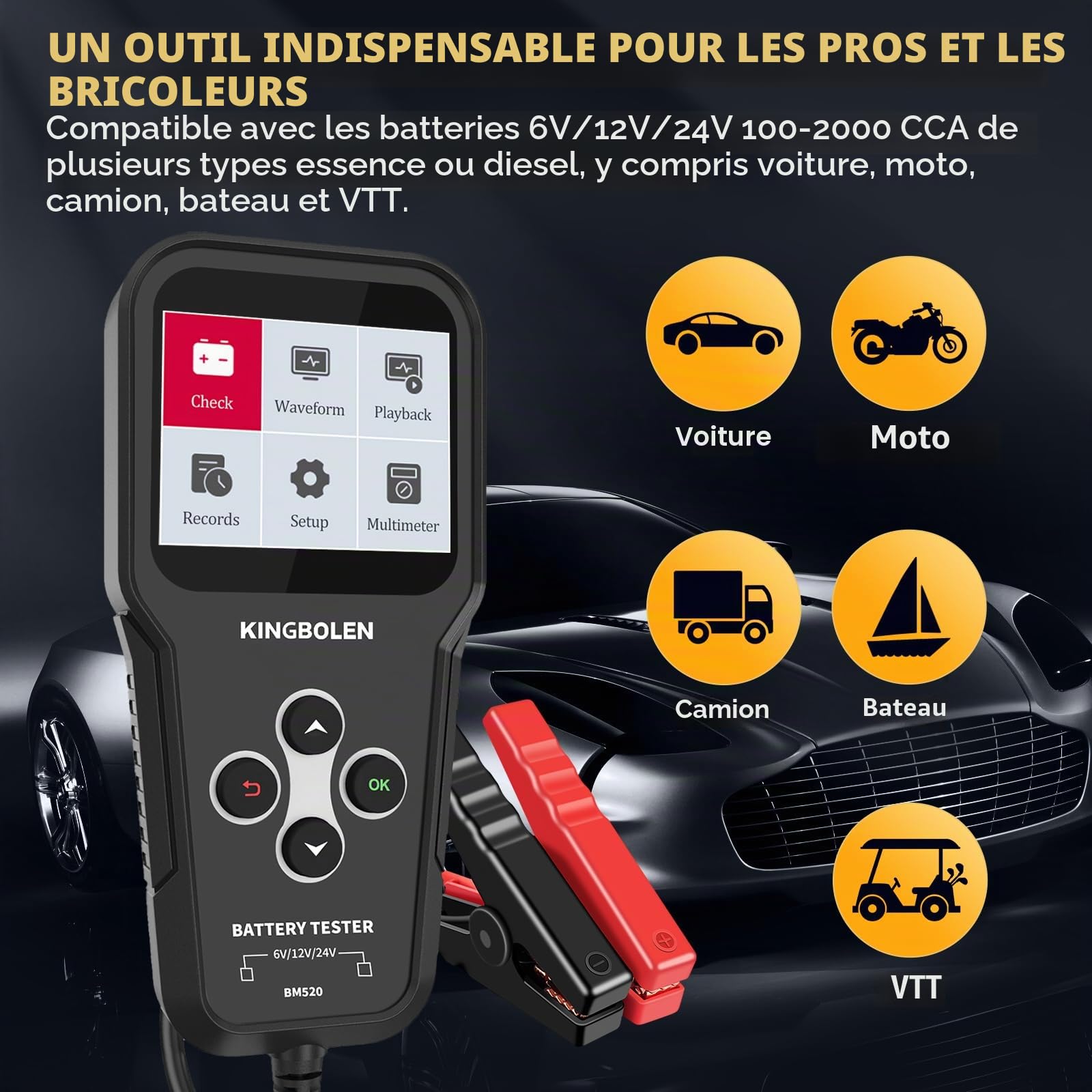 KINGBOLEN BM520 Testeur de Batterie AUTO 6V 12V 24V, 100-2000 CCA 2-200Ah Testeur d’alternateur automobile Analyseur de batterie numérique pour Voiture/Camion/Moto/ATV/SUV/Bateau/Yacht