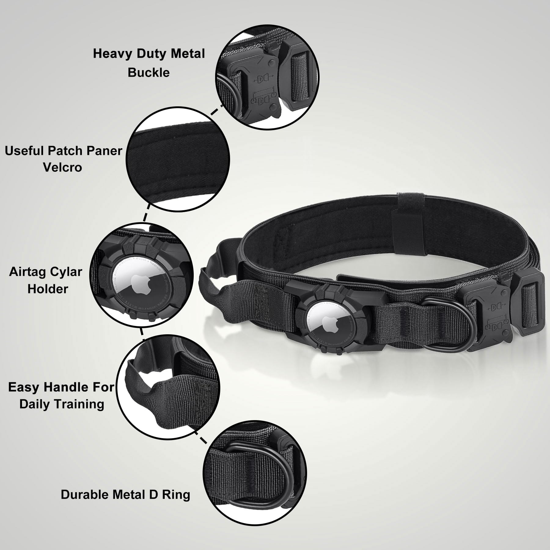 Upgraded Airtag Dog Collar Waterproof, Adjustable GPS Training Nylon Dog Collar with AirTag Holder, Control Handle and Quick-Release Buckle for Medium and Large Dogs (Black, M) - image 4