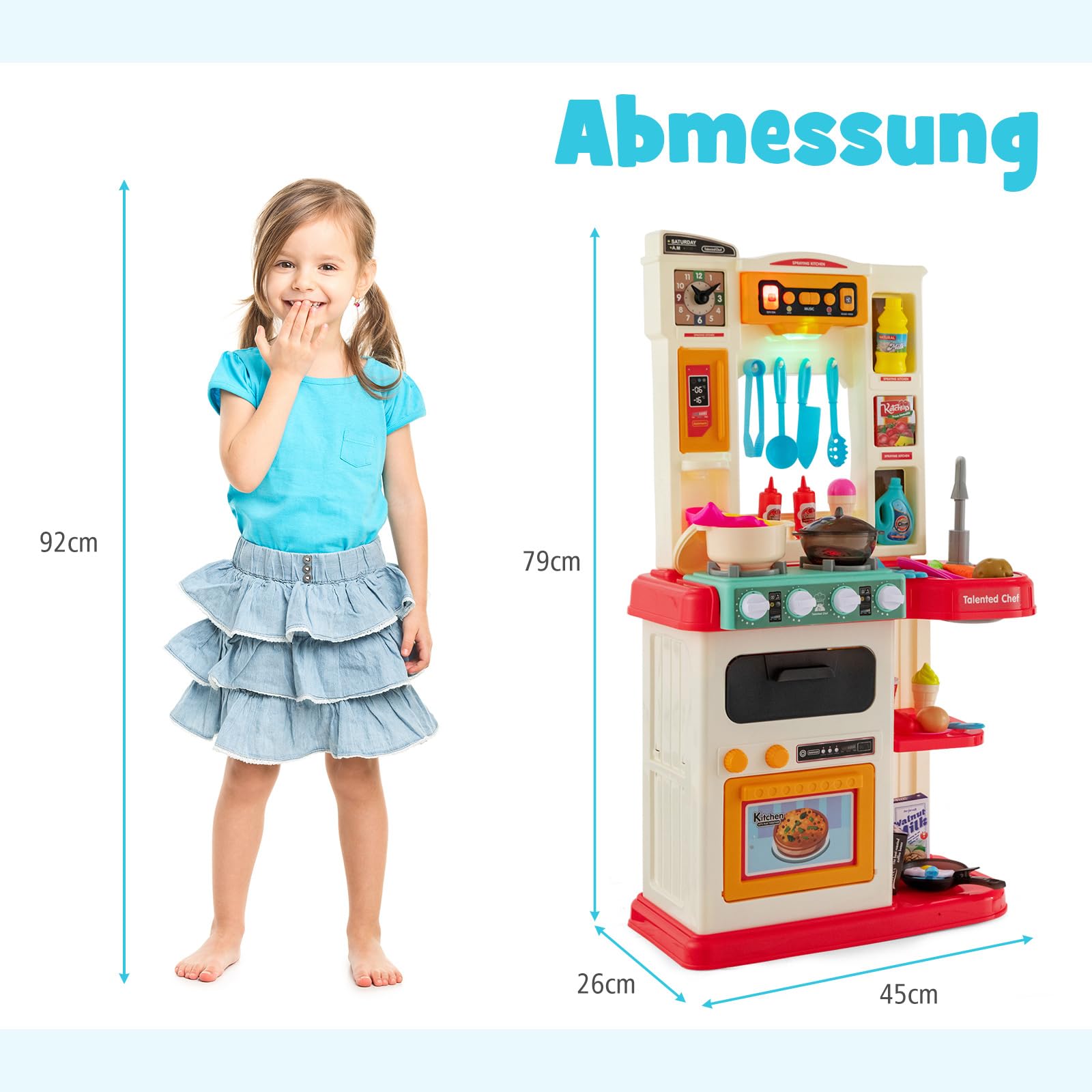 COSTWAY 65 TLG. Kinderküche mit Lichter, Musik und Sound, Spielküche inkl. Zubehör, Kinderspielküche mit Wasserpumpe, Spielzeugküche für Kleinkinder ab 3 Jahren (Rosa)