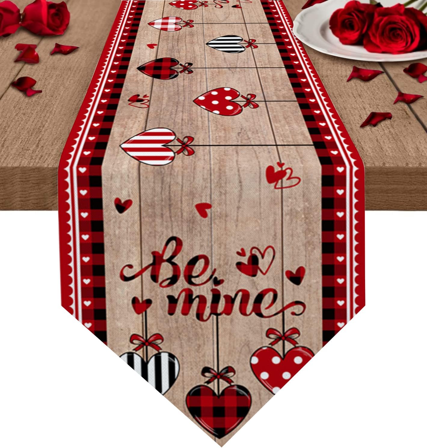 Valentines Table Runner Dresser Scarves,Love Heart Red Plaid Stripe Polka Dots Heart Retro Wood Grain Table Runners 120 Inch Long,Washable Dining Coffee Table Decor for Farmhouse Party Holiday Dinner