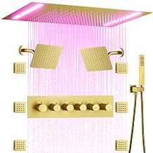 Double 8inch Wall Shower Heads Full Body Thermostatic Shower System with 6pcs Body Jets, Multi Functions Rainfall Shower System 14X20" LED Ceiling Shower Head, Brushed Gold