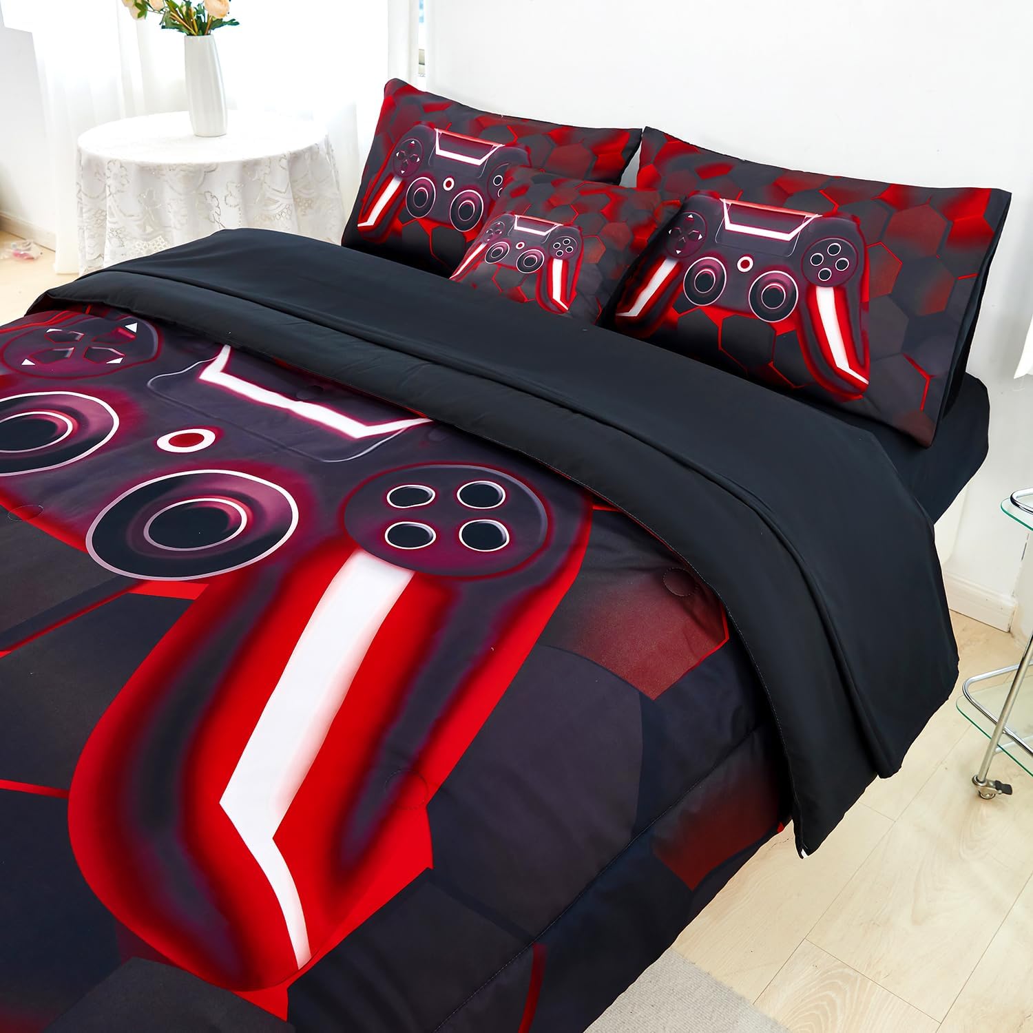 URBONUR 6Pcs Queen Game Comforter Sets for Boys Girl Game Gontroller Printed Teen Bedding Set Kids Teenage Men Bedroom Decor Children Bed Comforters(Black Red, Queen)