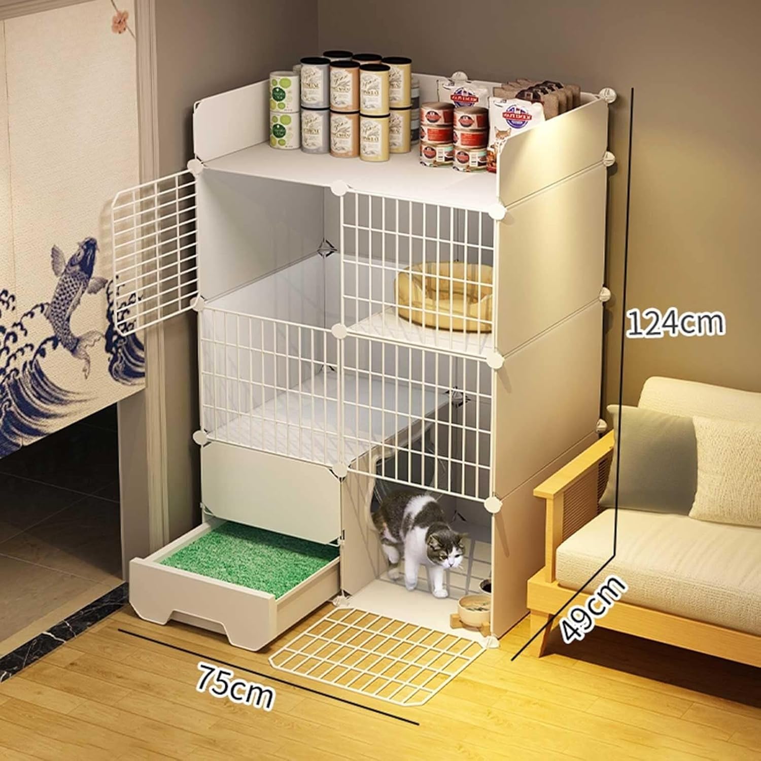 Indoor Cat Cage with Enclosed Litter Box, Large DIY Detachable Metal Cat Playpen & Kennel for Small Pets and Puppies(75X49X124CM)