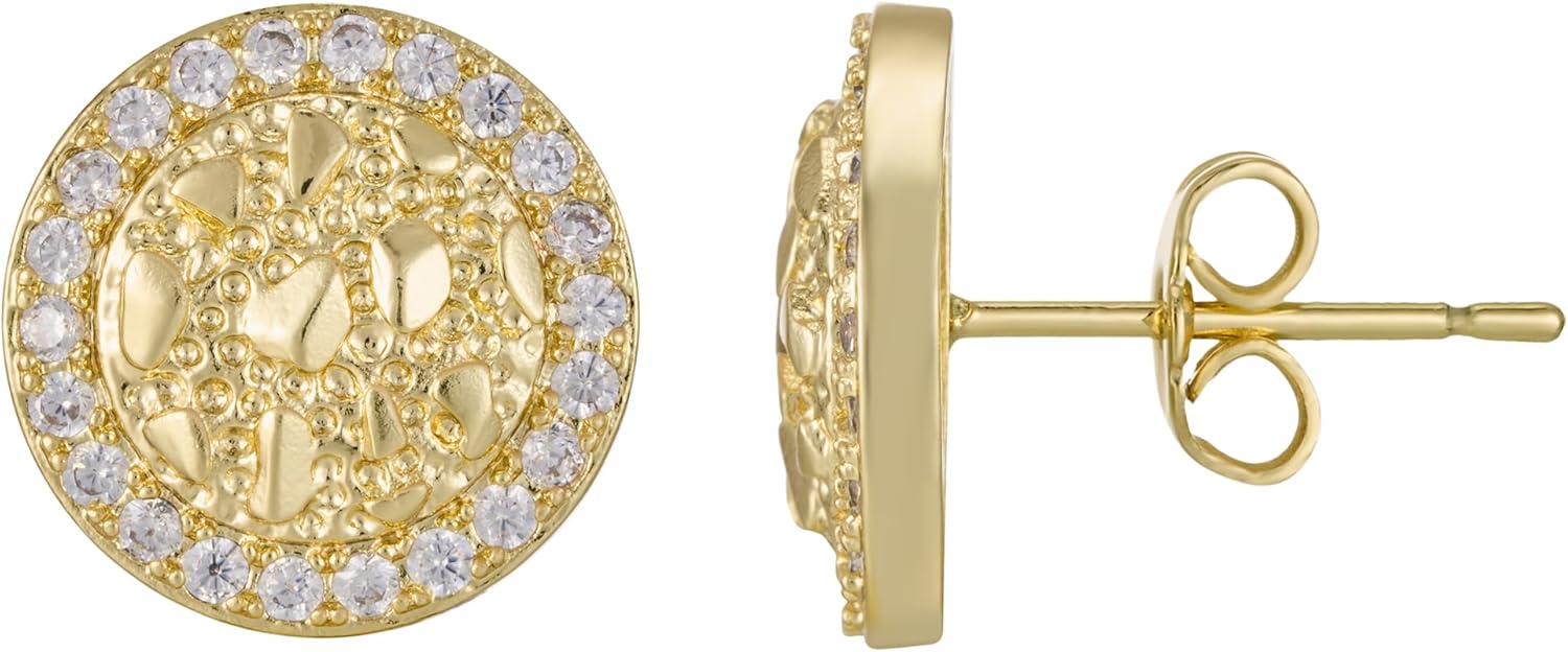 14K Gold Plated Nugget Earrings For Men Women,Round Textured Cookie Nugget Stud Earring,Hip Hop Cubic Zirconia Round Shape Studs Gold