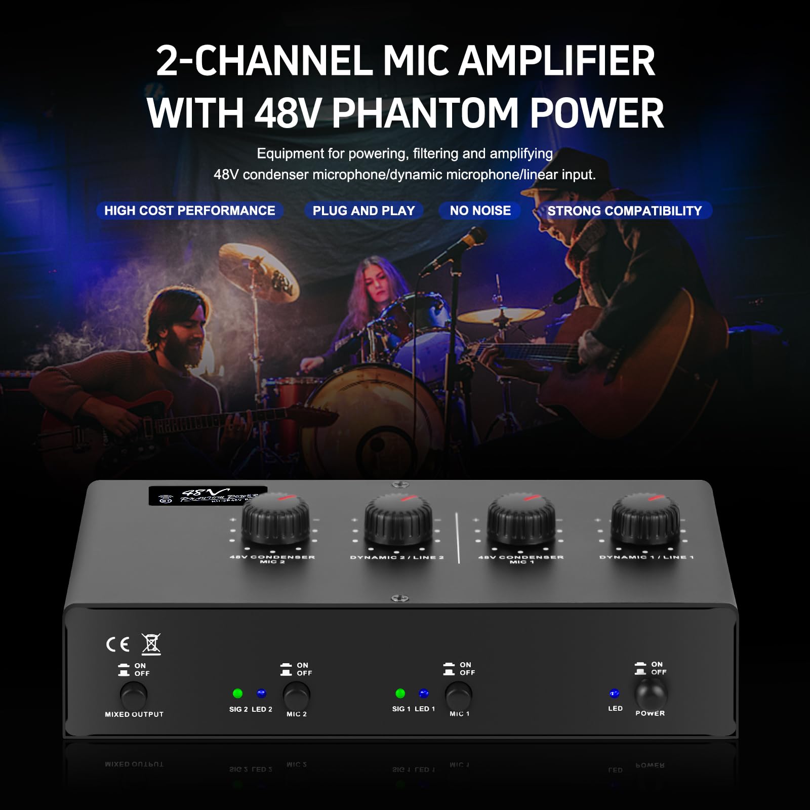 Preamplificatore microfono Booster 4 ingressi Max 25db DI Box con alimentazione phantom 48V per microfono dinamico e a condensatore (MC02)