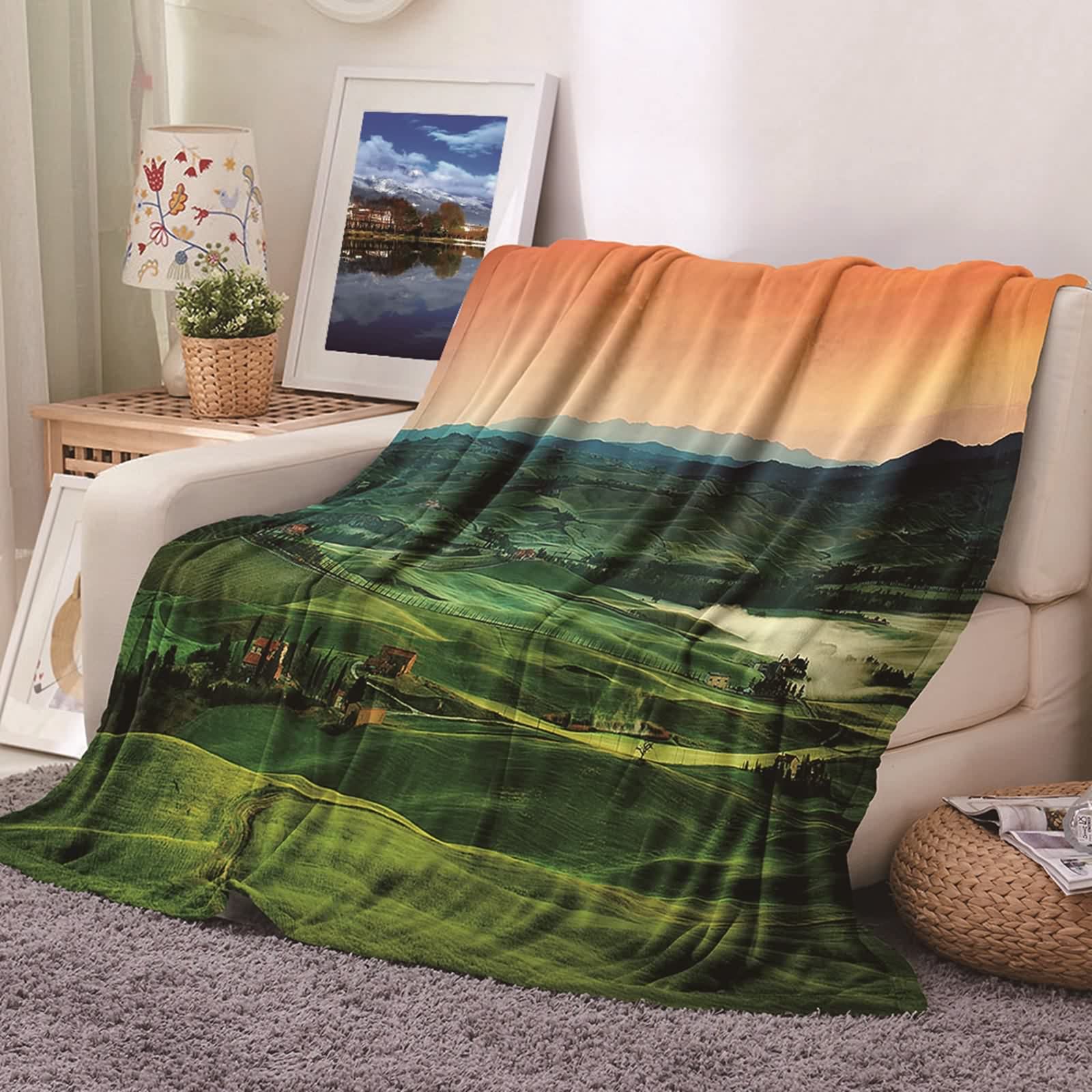 Couverture polaire en flannel KnSam 80x120cm motif de village vert orange