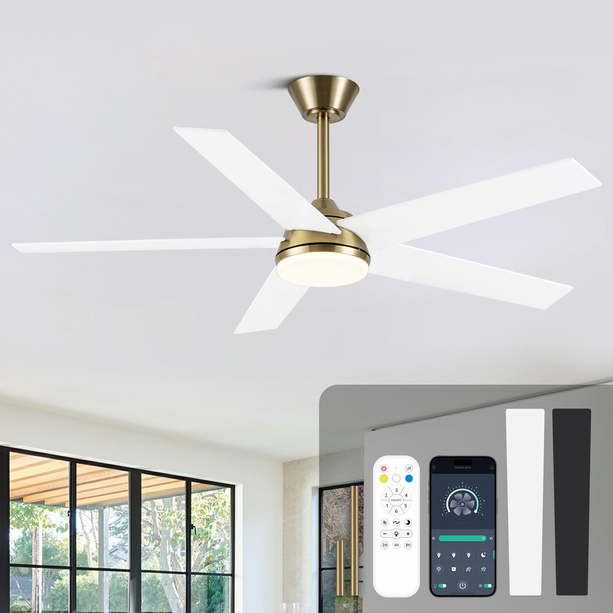 CNCMTiger 52 Inch White and Gold Ceiling Fan with Light and Remote Modern Ceiling Fan Fancy Gold Fandelier, Reversible Quiet DC Motor 3000K-6000K