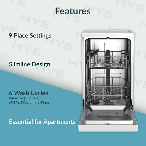 HYE Slimline Dishwasher - 9 Place Settings, Versatile Wash Programs, White