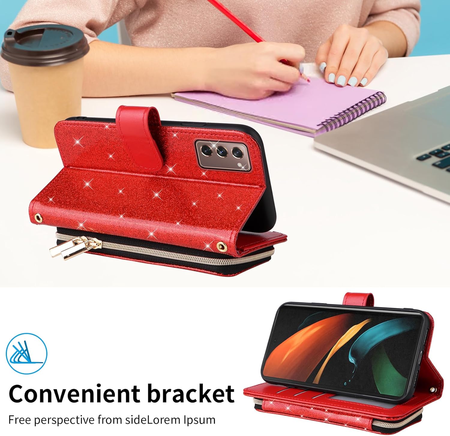 Wallet Case for Samsung Galaxy Z Fold 2 5G 2020 with Detachable Wrist Strap Crossbody Shoulder Strap 9+ Card Slots Zipper Purse,Stand Phone Cover for ZFold2 Z2 Fold2 ZFold25G Girls Women Red