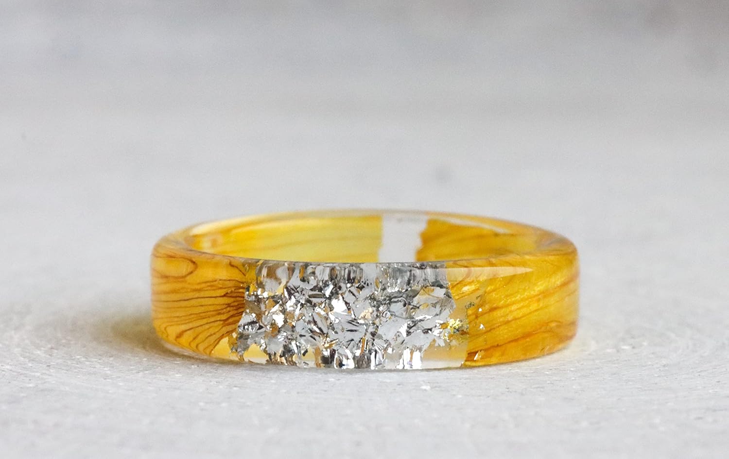 Resin Ring With Pressed Sunflower Petals And Silver/Gold/Copper Flakes, Yellow Ring Band
