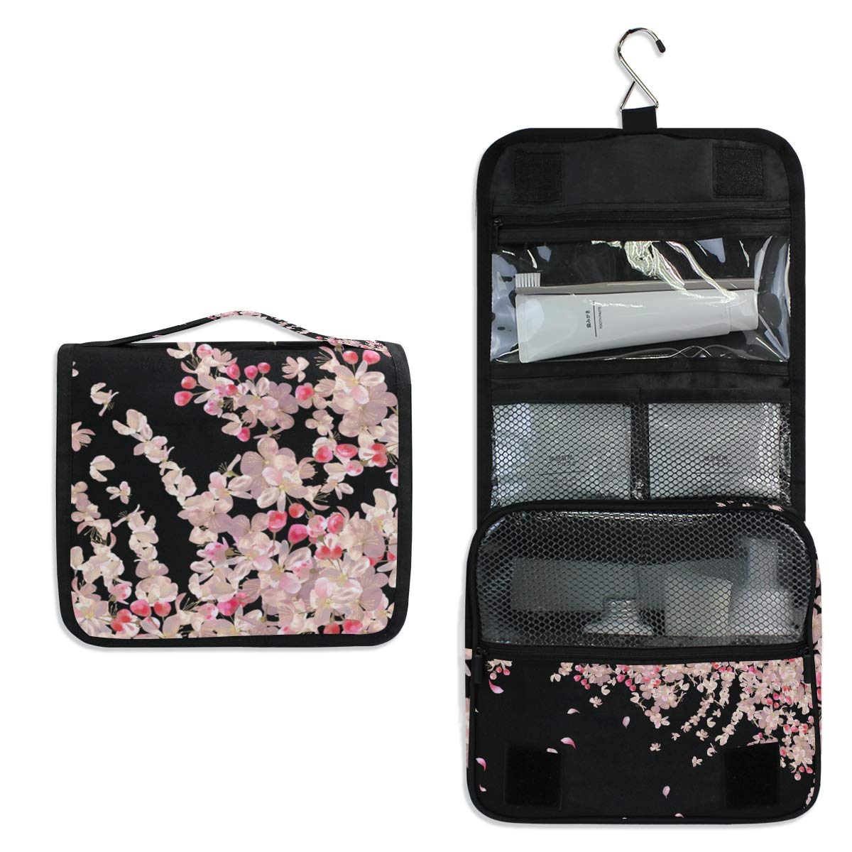 ALAZA Flying Plum Cherry Blossom Flowers Travel Toiletry Bag Hanging Multifunction Cosmetic Case Portable Makeup Pouch Organizer with Hook