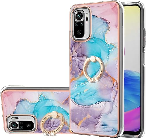 XYX Case for Xiaomi Redmi Note 10 4G, Sparkling Marble TPU IMD Bumper Hybrid Protective Phone Cover with 360 Rotating Ring Kickstand,Blue Milky Way