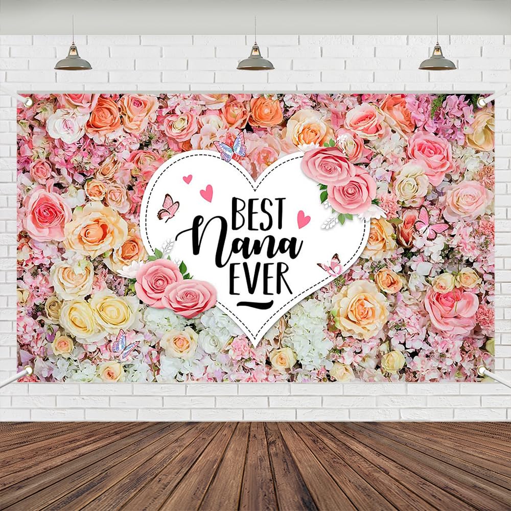 Wollmix Happy Nana Mothers Day Decorations Banner 70.8x43.3 Inch, Gifts from Baby, Pink Floral I Love You Grandma Sign, Photography Backdrops Party Decor Supplies for Wall and Photo Booth