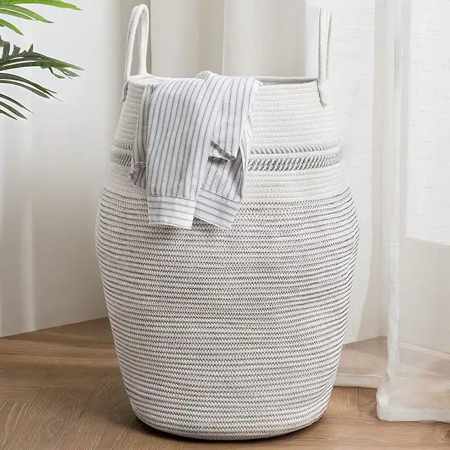 Youdenova Cotton Rope Storage Basket with Handle - 105L Grey Laundry & Blanket Organizer