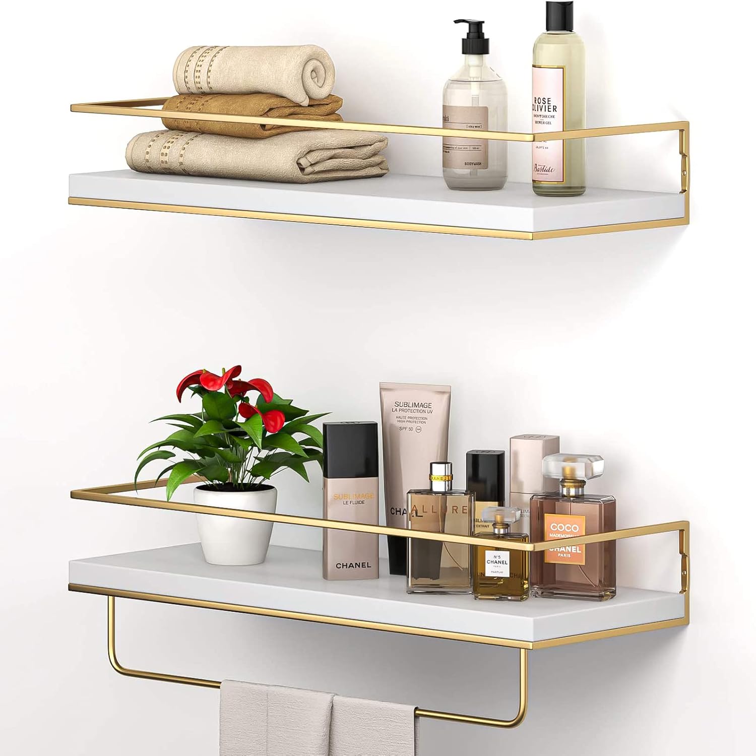 NUCAZA White & Gold Floating Shelves Wall Mounted Set of 2 With 18kg