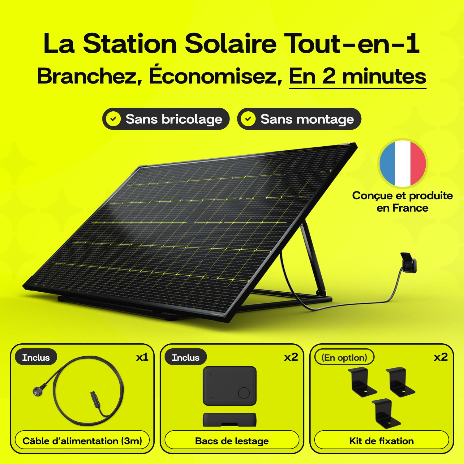 Sunology PLAY – Station Solaire Plug & Play 480W – Technologie HIBC Ultra Black – Rendement ≥235W/m² – Inclinaison Réglable – IP65 Anti-Grêle – N°1 en Europe – Prise 220V – Compatible Mono & Triphasé
