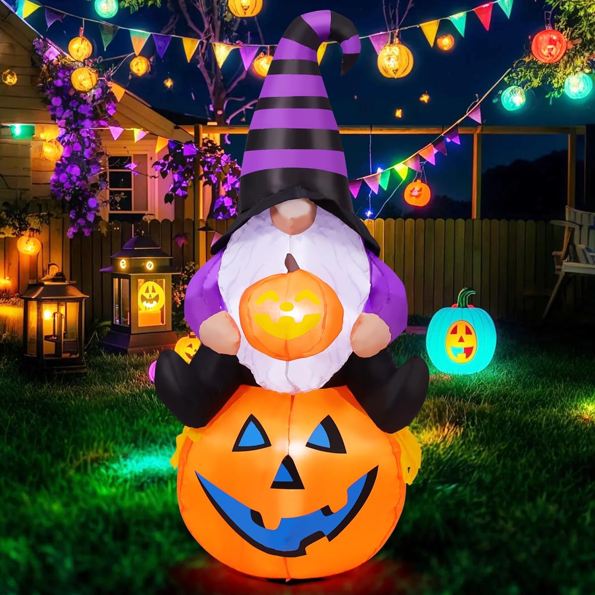 GOOSH 5 FT Halloween Gnome Inflatable with Pumpkin Outdoor Decorations Gnome Blow Up Yard Built-in LEDs for Garden Lawn Indoor Party Decor