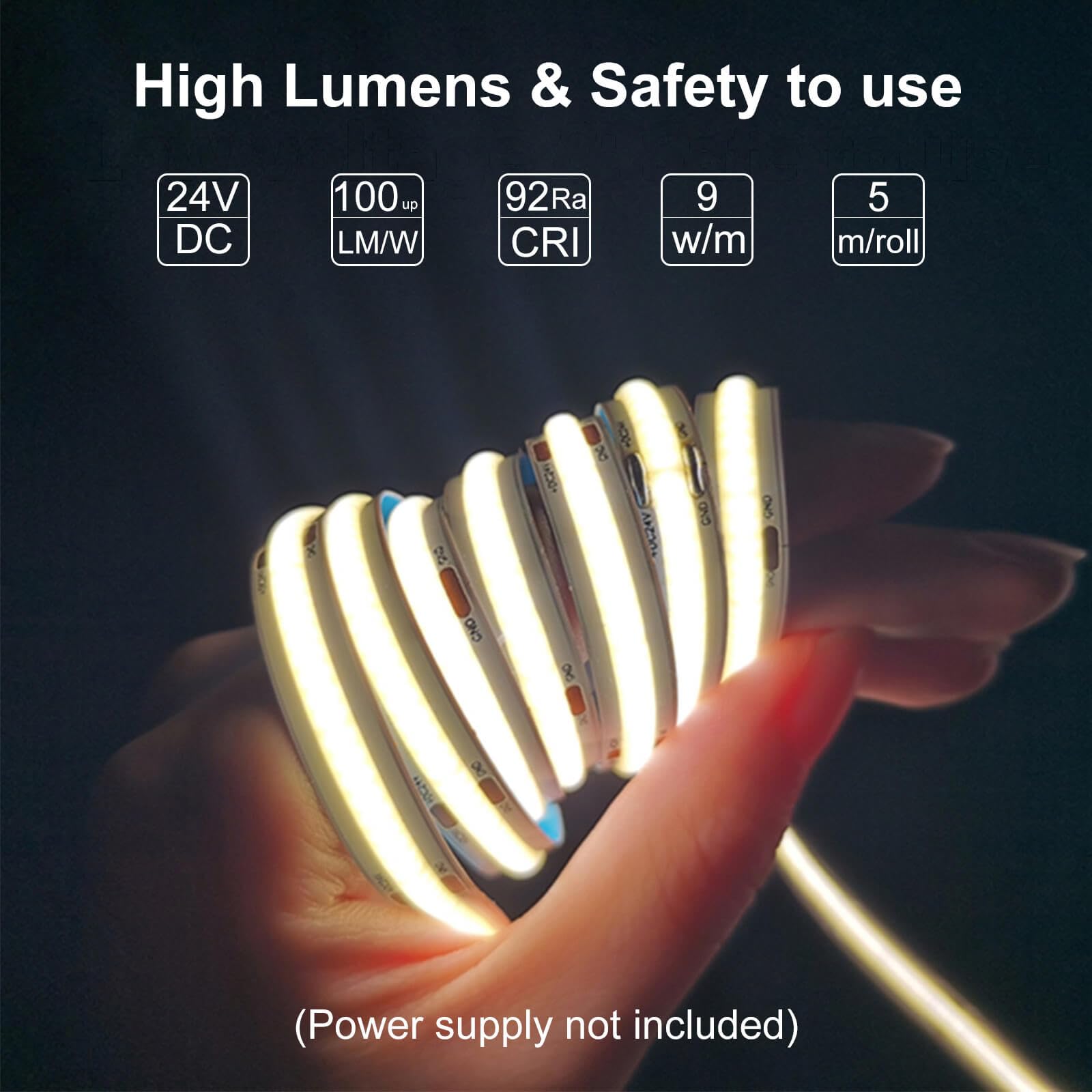 LLTOP Striscia LED COB bianco caldo 3000 K, DC 24 V, 5 m di altezza CRI 92 Ra+, nastro LED flessibile, per fai da te, tagliabile, per camera da letto, cucina, mensola armadio (fontana di
