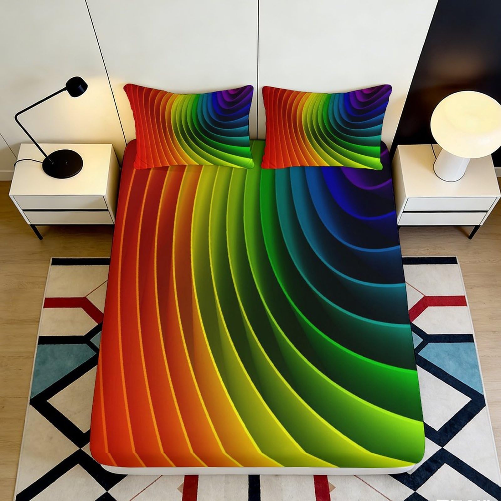 3D Printed Rainbow Spiral Fitted Sheet Microfiber Soft Colorful Swirl Mattress Cover for Bedroom Dorm Decorative Protection 90x200x25cm