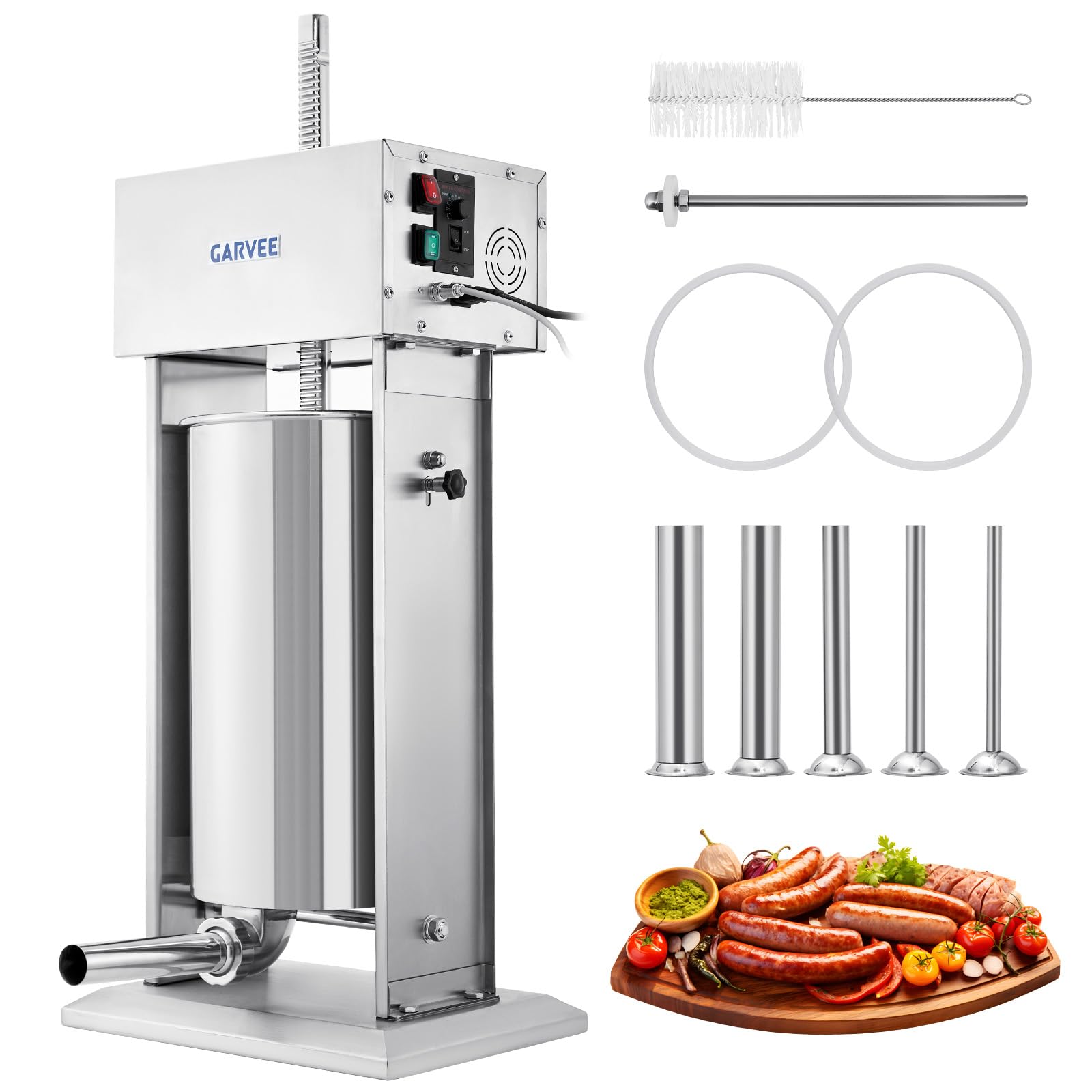 Sausage Stuffer 2 Speed Stainless Steel Vertical Sausage Maker Commercial Spanish Churro Maker with 4 Nozzles for Business or Home Use 5L