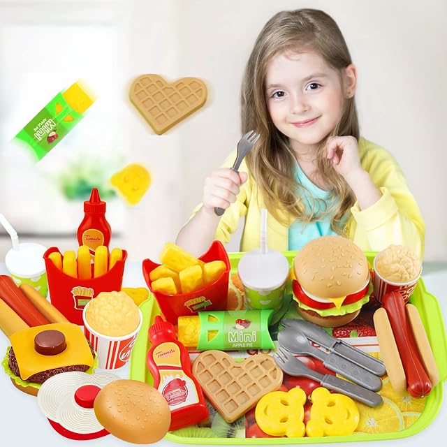 FQDVM Kitchen Accessories Play Food Set Gifts for 2 3 4 5 6 7 Year Old Girls Boys, Children Pretend Role Play Game, Kids Toys for Christmas Birthday Gift Age 3+