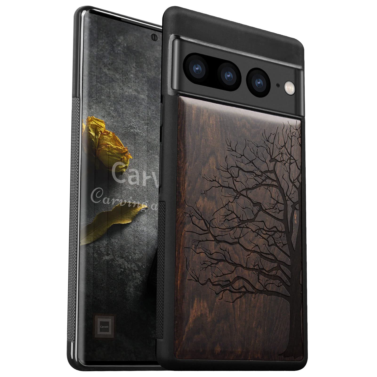 Carveit Custodia Google Pixel 7 Pro: Cover In Legno Con Incisione Orso E Aquile, Protezione Antiurto