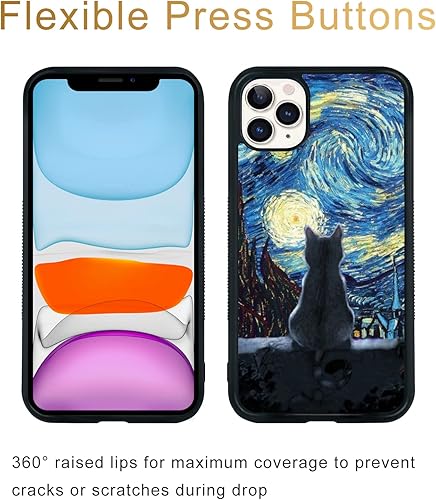 Miniatura 2 de Funda negra linda de gato para iPhone 11 Pro - 5.8 pulgadas Van Gogh linda de gato para iPhone, diseño de patrón antideslizante y absorción de