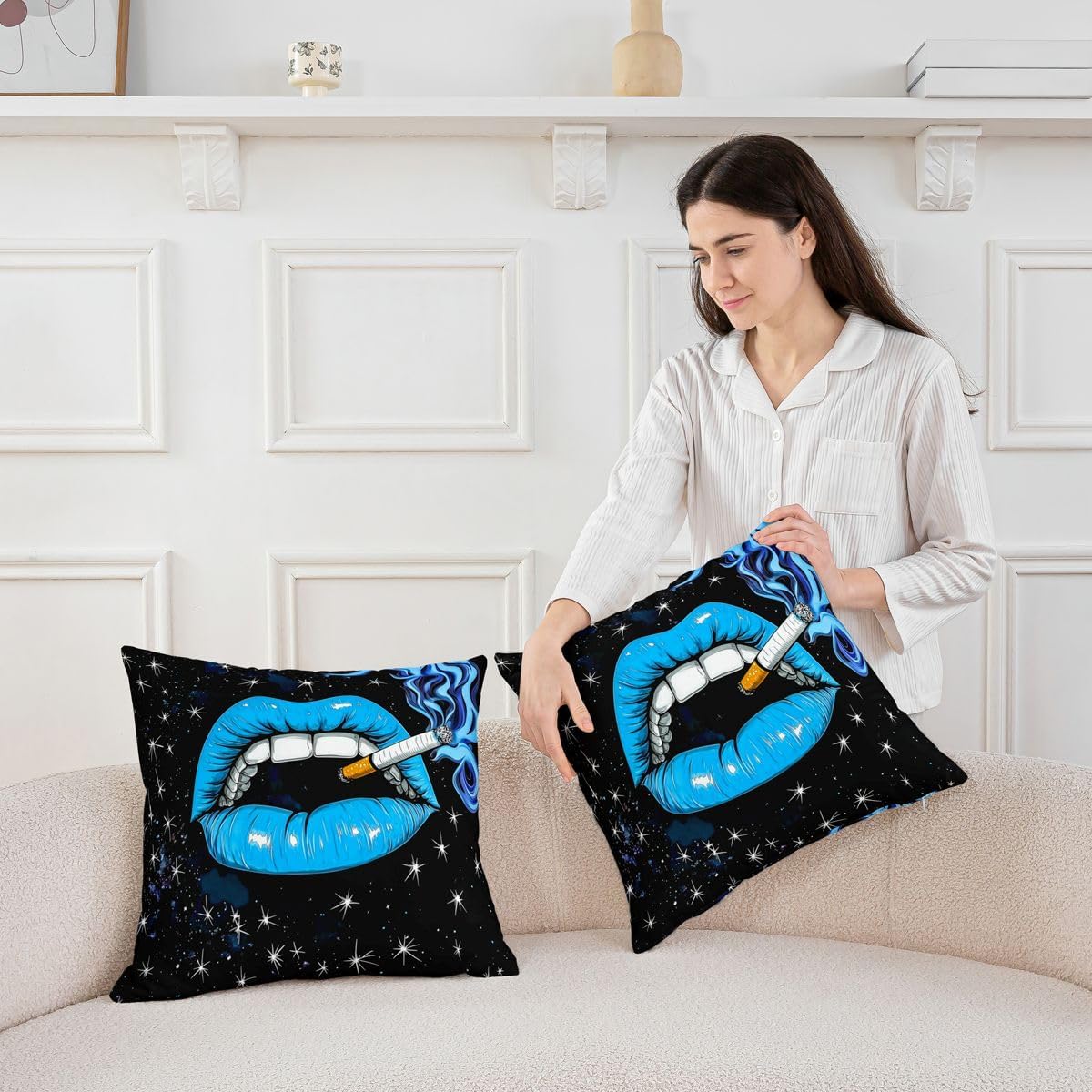 Homewish Smoke Woman Throw Pillow Covers (Pack of 2),Blue Lips Pattern Cushion Cover for Kids Girls Boys Trippy Starry Sky Pillow Cases Anime Cool Style Living Room Sofa Bed Decor,16" Lx16 W image 3