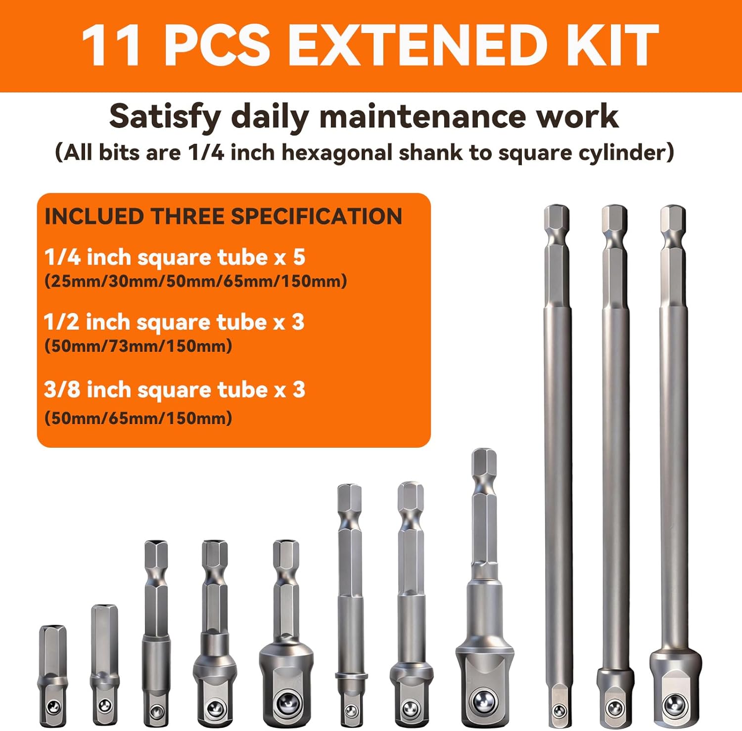 Impact Adapter Square Socket Set 11 Pcs, 1/2", 1/4", 3/8" Hex Shank Impact Driver Socket Adapter for Drill