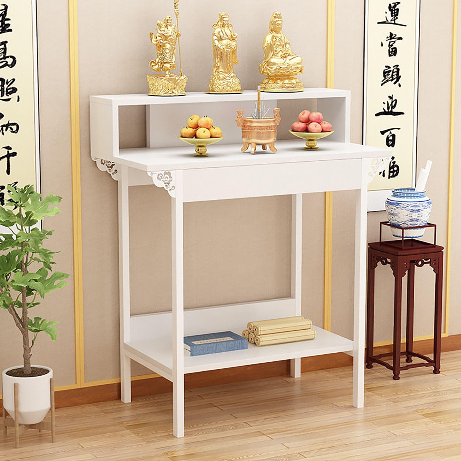JNTFNE Multi-Layer Shrine Altar Table, Meditation Table with Metal Legs, Chinese Cabinet Pedestal Offering Buddha Shelf for Home Décor, Bedroom, Office(White,60 * 42cm/23.6 16.5in)