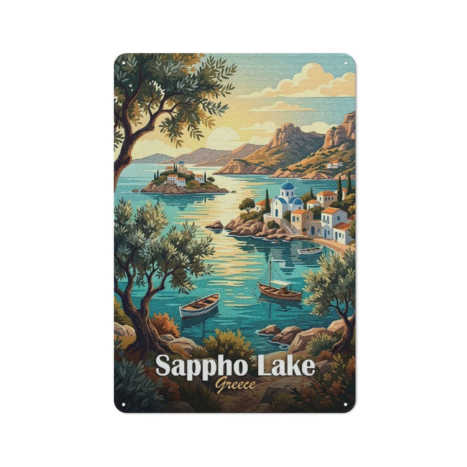 Junmoney Style-17 Vintage Tin Sign 30X20cm With Sappho Lake Greece Landscape Painting For Living Room Or Hallway, For Vintage Wall Decor Fans, For Metal Sign Collectors
