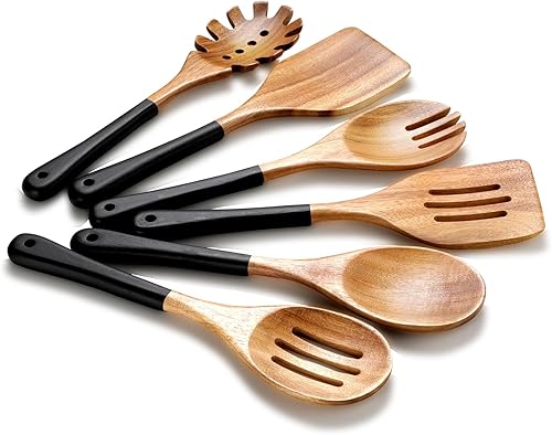 Cucharas de madera para cocinar, 6 piezas de utensilios de cocina de madera de acacia natural o utensilios de cocina de madera antiadherente para