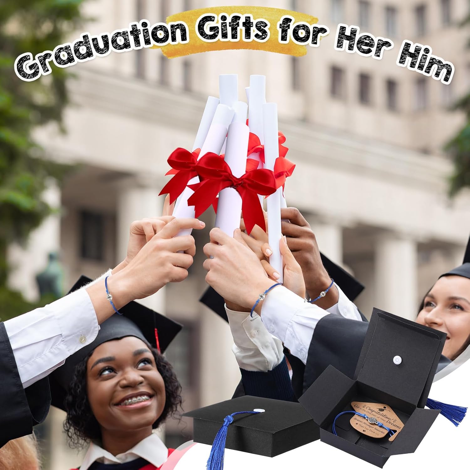 Cunno 50 Sets 2025 Graduation Gifts Bulk Include 50 Compass Bracelet 50 Graduation Cap Box with Tassel 50 Congratulations Cards, Graduation Party Favors Party Supplies for Him Her(Black Blue)