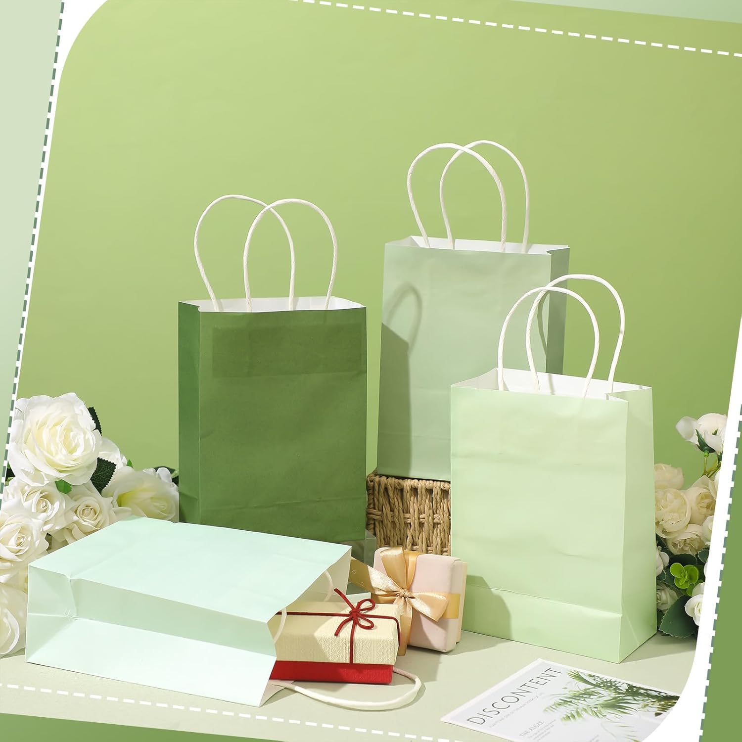 Tenceur 100 Pcs Sage Green Gift Bags Sage Green Kraft Paper Bags with Handles Medium Gift for Wedding Baby Shower Bridal Shower Shopping Party Favor Boutique Business