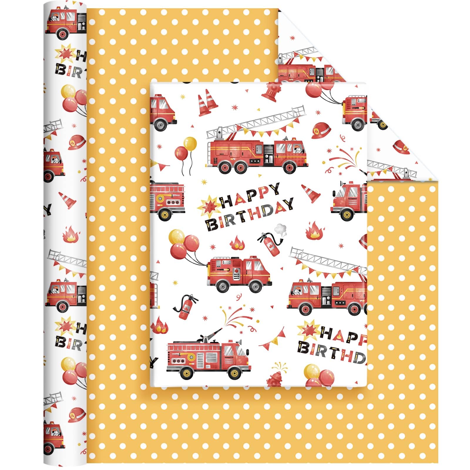 WERNNSAI Gift Wrapping Paper Roll - 1 Roll 17โ x 33 ft Kids Birthday Wrapping Paper for Boys (Fire Truck) โ image 1