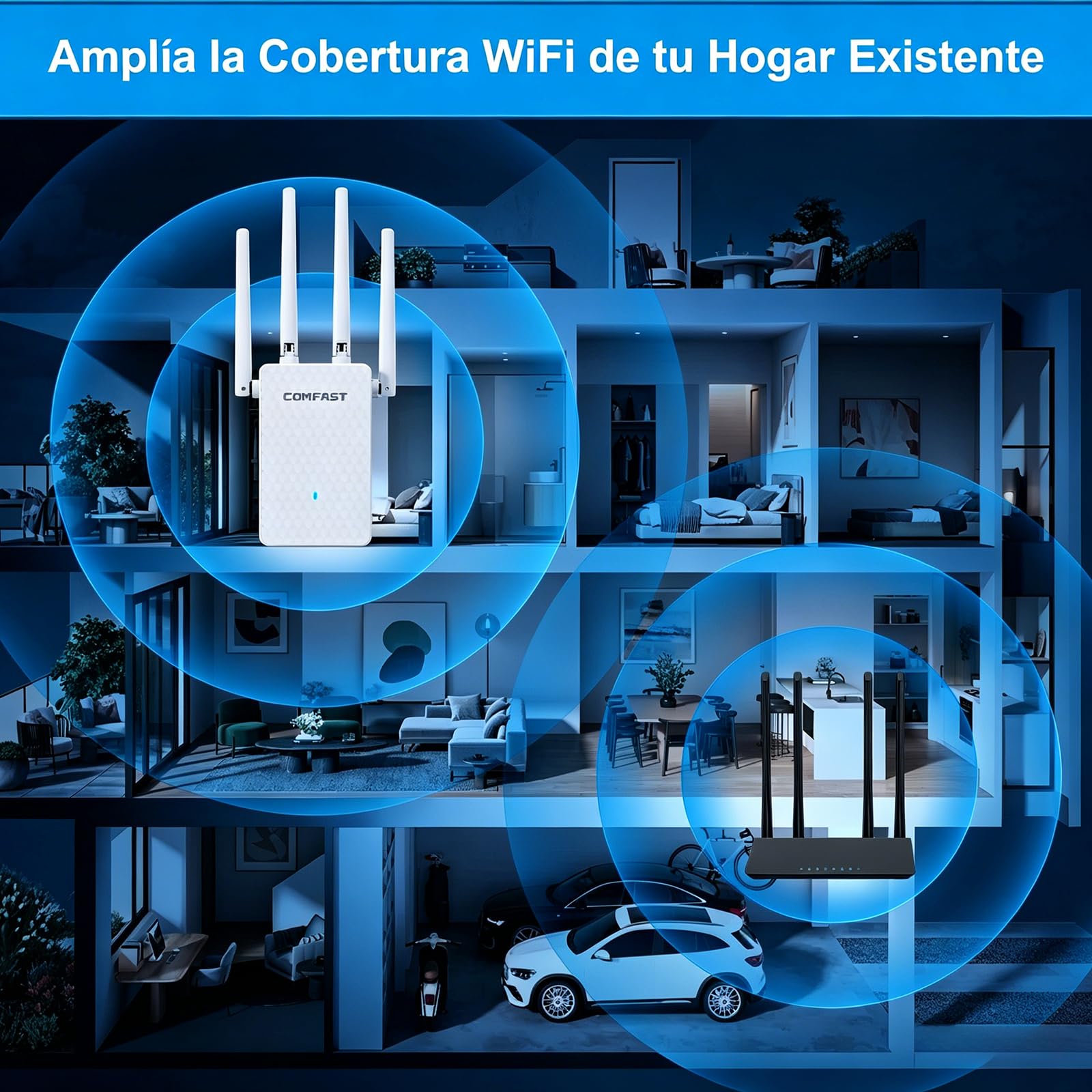 COMFAST Repetidor WiFi, AC1200M Amplificador Señal WiFi, 2.4/5 GHz Amplificador WiFi Potente con Puerto Ethernet, 4 Antenas Externas, Extensor de WiFi para Casa y Oficina, WPS, Repetidor/Router/Ap