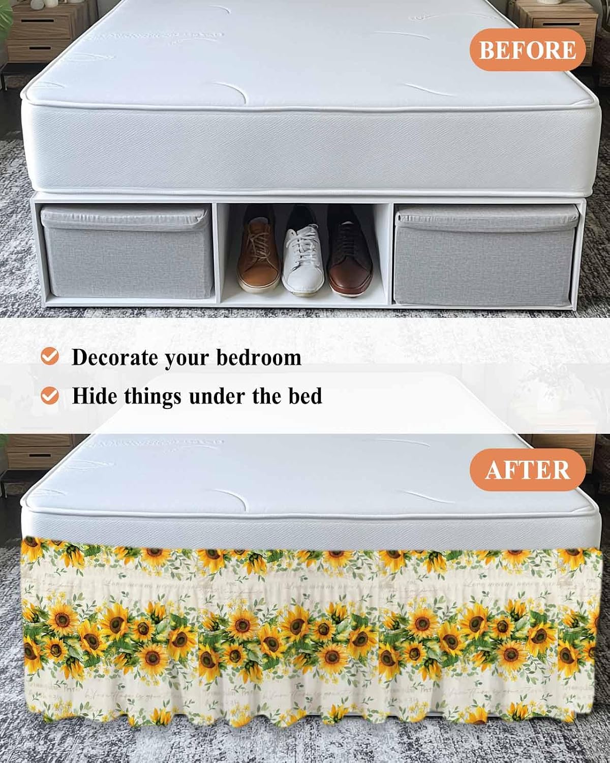 Vintage Sunflowers Bed Skirt Queen Size, 16-Inch Drop Elastic Bed Skirting Summer Florals Dust Ruffles Bedding Decoration with Wrap Around Adjustable Bedskirt for Queen Bed