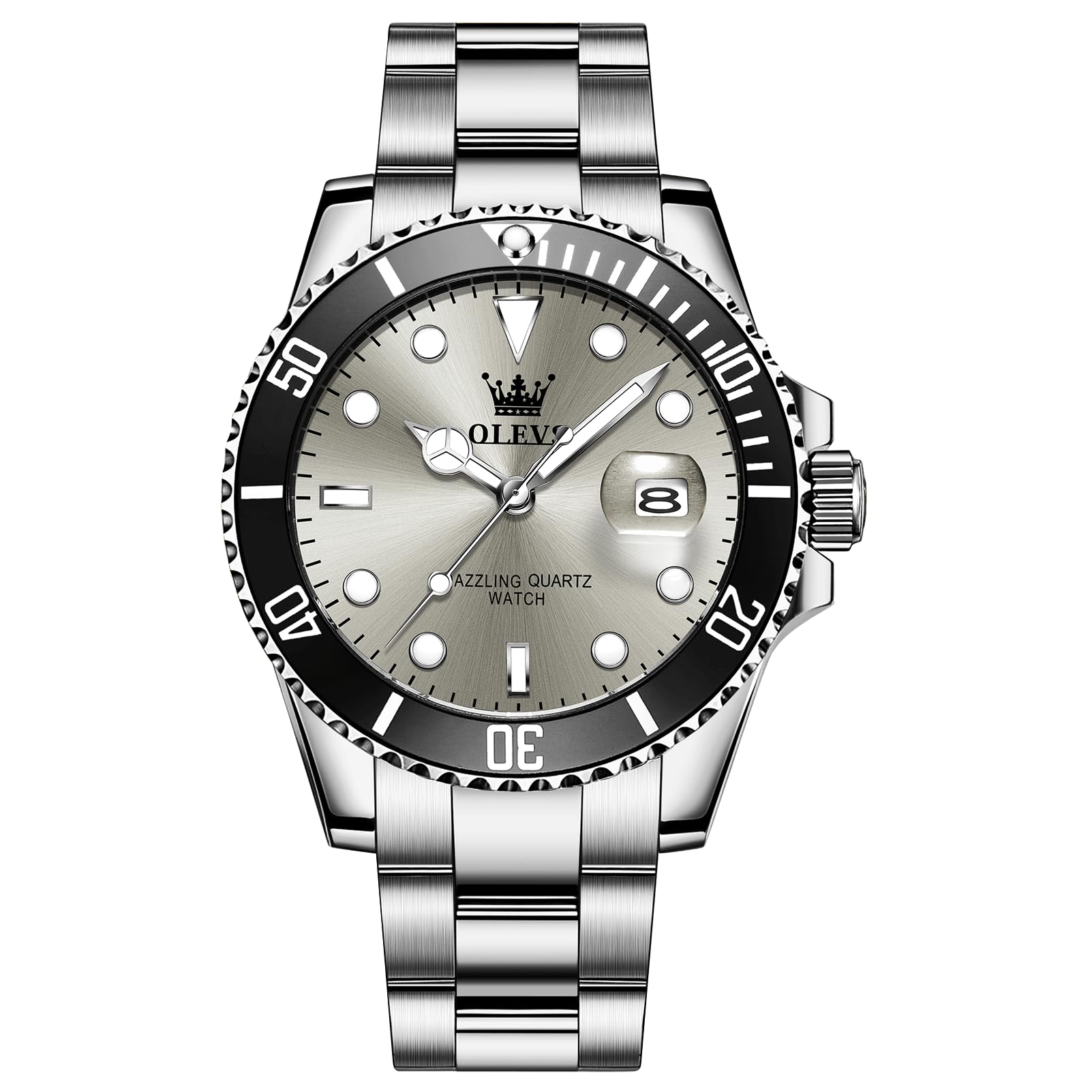OLEVS Men's Stainless Steel Watch, Big Face Easy to Read Analog Quartz Dress Watches, Classic Rotating Bezel Waterproof Luminous Hands Date Mens Wristwatch