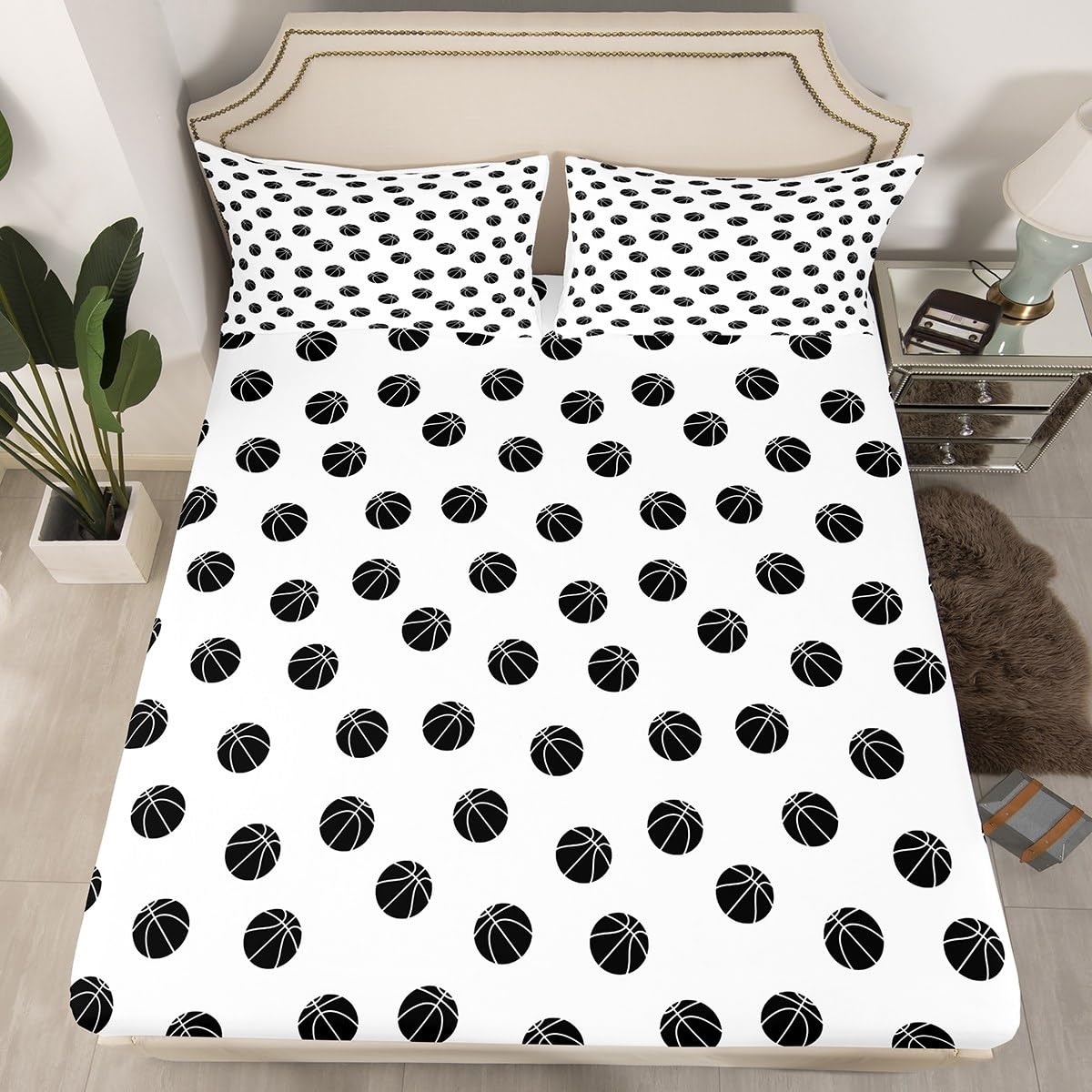 Manfei Basketball Kids Sheet Queen Size,Ball Sports Games Bedding Set,Girls Boys Adults Room Decor,Ball Simple Style Fashion Black White Chic Bed Sheet Set 4pcs(Fitted + Flat + 2 Pillowcases)