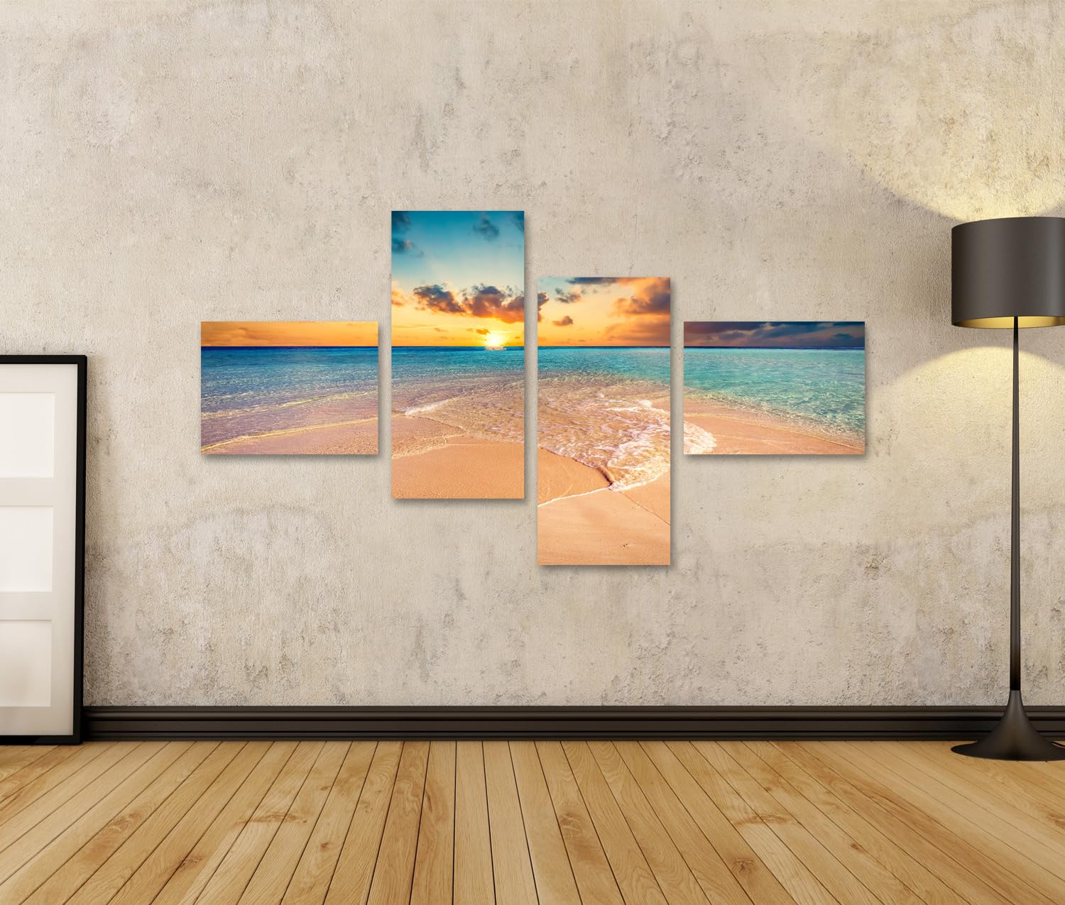 islandburner Bild auf Leinwand Sonnenuntergang Am Strand Mit Wolken Und Meer Bilder Wandbilder 150x80cm