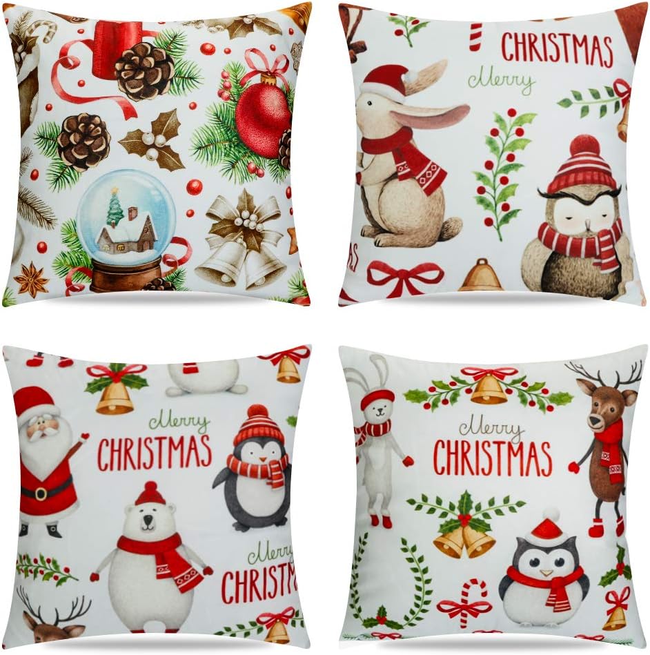 KWLET Christmas Decor Pillow Covers 18x18 Throw Pillow Covers Decorative Pillow Case Sofa Cushion Covers Zippered Square Pillowcase Set of 4