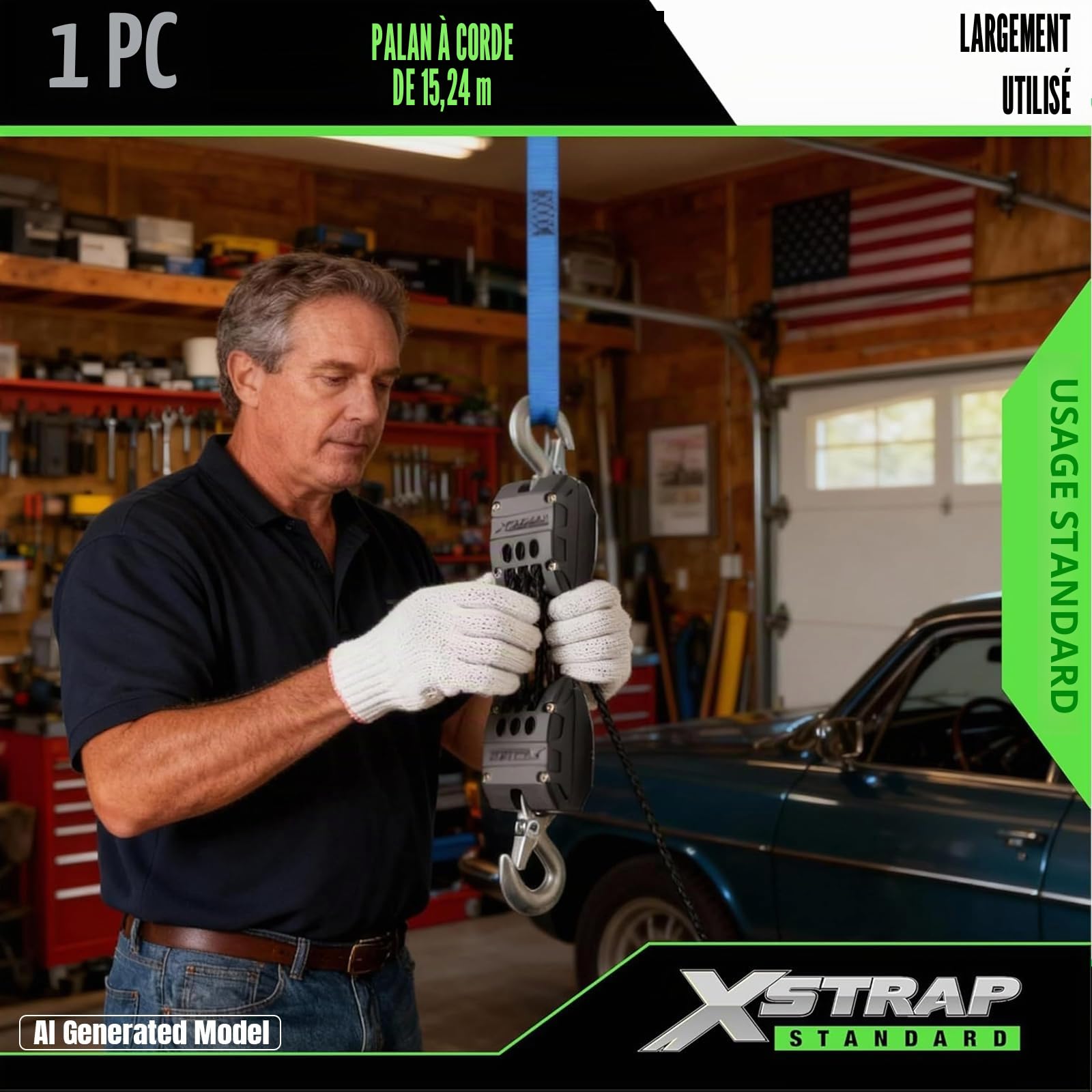 XSTRAP Palan à Corde de 15,2 m, système de poulie pour soulever des Objets Lourds, résistance à la Rupture de 907 kg avec 2 Boucles Souples (Noir)