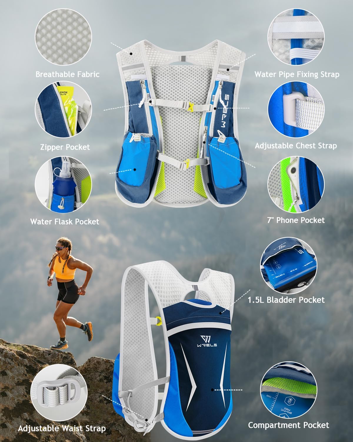WRELS Hydration Running Vest for Men Women,5L Lightweight Water Backpack with 1.5L Leakproof Water Bladder,Hydration Vest for Marathon Cycling Jogging Hiking